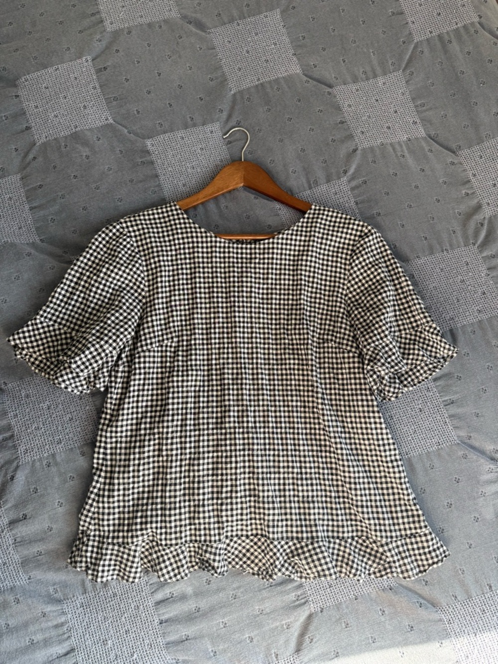 Talbots Black and White Gingham Ruffle-Hem Blouse